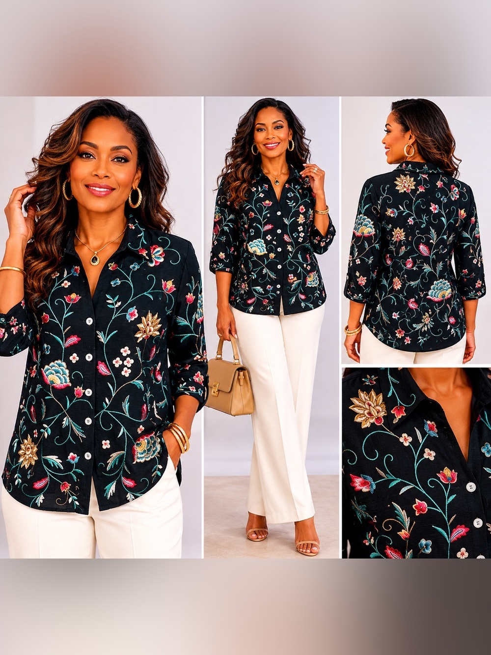 Silk Land 100% Silk Embroidered Floral Blazer Size XL Black colorful flowers